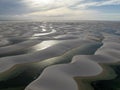 Aerial view of Lencois Maranhenses. White sand dunes with pools of fresh and transparent water. Desert. Brazil Royalty Free Stock Photo