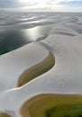 Aerial view of Lencois Maranhenses. White sand dunes with pools of fresh and transparent water. Desert. Brazil Royalty Free Stock Photo