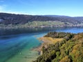 Aerial view of Ligerz from the shore of the St. Peter\'s Island, Switzerland