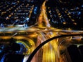 Aerial view of light trails on long highways leading to Petaling Jaya in Malaysia, long exposure