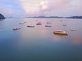 Aerial view of a Lighthouse, boat and yatches docked in marina, Langkawi