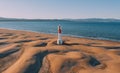 Aerial view of Lighthouse el Far del Fangar on Delta de l'ebre natural park, tarragona, Catalonia, Spain