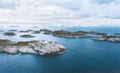 Aerial view lighthouse and island in the ocean in Norway Lofoten islands drone landscape Royalty Free Stock Photo