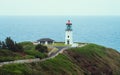 Aerial view of a lighthouse on the shore of the ocean in Kauai, Hawaii Royalty Free Stock Photo