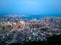 Aerial view of lights from downtown Sannomiya and Kobe City at dusk