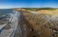 Aerial view of the limestone cliffs and beach at Southerndown and Dunraven Bay in Wales