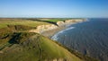 Aerial view of the limestone cliffs and beach at Southerndown and Dunraven Bay in Wales