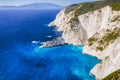 Aerial view of limestone cliffs close to Navagio or Shipwreck Beach on Zakynthos Island, Greece. Summer vacation travel
