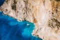 Aerial view of limestone cliffs of Navagio or Shipwreck Beach on Zakynthos Island, Greece. Summer vacation travel Royalty Free Stock Photo