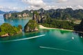 Aerial view limestone and passenger boat at rairay and aonang beach