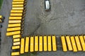 Aerial view of a line of parked school buses Royalty Free Stock Photo