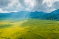 Aerial view of Lingko Spider Web Rice Fields while sunlight piercing through clouds to the ground Royalty Free Stock Photo