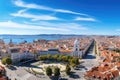 Aerial view of Lisbon, Portugal. Copy space for text.Lisbon aerial skyline panorama european city view on marques pombal square