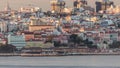 Aerial view of Lisbon skyline with Amoreiras shooping center towers timelapse from Almada at sunset. Lisbon, Portugal Royalty Free Stock Photo