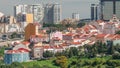 Aerial view of Lisbon skyline with Amoreiras shopping center towers. Historic buildings near Campo de Ourique district