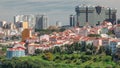 Aerial view of Lisbon skyline with Amoreiras shopping center towers. Historic buildings near Campo de Ourique district