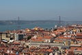 Aerial view of Lisbon and 25th April Bridge from Sao Jorge Castle, Portugal Royalty Free Stock Photo