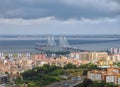 Flight over Lisbon in Portugal with Ponte Vasco da Gama, the longest bridge in Europe Royalty Free Stock Photo