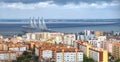 Flight over Lisbon in Portugal with Ponte Vasco da Gama, the longest bridge in Europe Royalty Free Stock Photo