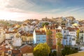 Aerial view of Lisbonne at sunset with colorful traditional houses