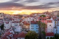 Aerial view of Lisbonne at sunset with colorful traditional houses