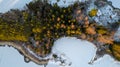 Aerial view of little Swedish village with islands and forests on a Baltic sea coast at winter time. Drone photography - winter in