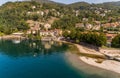 Aerial view of little village Colmegna on the coast of lake Maggiore, municipality of Luino, Italy