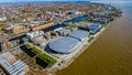 Aerial View of Liverpool City Photo with Docks, Wheel, Modern Buildings Royalty Free Stock Photo