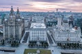 Aerial view with Royal Liver Building in Liverpool docklands in the city center, first rays at sunrise Royalty Free Stock Photo