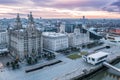 Aerial view with Royal Liver Building in Liverpool docklands in the city center, first rays at sunrise Royalty Free Stock Photo