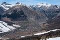 Aerial view of Livigno alps ski resort, small Italian village in the Alps. Panoramic aerial view near Bormio Royalty Free Stock Photo