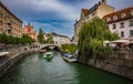 Ljubljana, SLOVENIA - SEPTEMBER 13 2023: Aerial DRONE view of Ljubljana centre and Trojmostovje