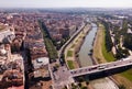 Aerial view of Lleida city with a apartment buildings and river