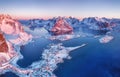 Aerial view at the Lofoten islands, Norway. Mountains and sea during sunset. Royalty Free Stock Photo