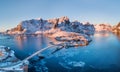 Aerial view at the Lofoten islands, Norway. Mountains and sea during sunset. Royalty Free Stock Photo
