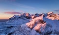 Aerial view at the Lofoten islands, Norway. Mountains during sunset. Natural landscape from air at the drone.