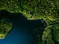 Aerial view of log cabin cottage in green summer woods by blue lake in Finland Royalty Free Stock Photo