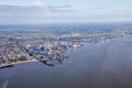 Aerial view of Loire, clouds, saint nazaire atlantic ocean marsh sky anf morning fog Royalty Free Stock Photo