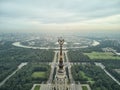 Aerial view of Lomonosov Moscow State University MGU on Sparrow Hills, Moscow, Russia. Aerial drone panorama view