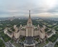 Aerial view of Lomonosov Moscow State University MGU on Sparrow Hills, Moscow, Russia. Aerial drone panorama view