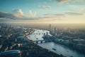 Aerial view of London skyline at sunset with skyscrapers and bridges. Aerial view of London and the River Thames, AI Generated Royalty Free Stock Photo