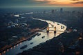 Aerial view of London skyline with Tower Bridge at sunset, UK, Aerial view of London and the River Thames, AI Generated Royalty Free Stock Photo