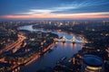 Aerial view of London at sunset, England, United Kingdom, Panoramic view on London and Thames at twilight, from Tower Brid, AI Royalty Free Stock Photo