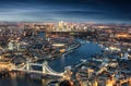 Aerial view of London: from the Tower Bridge to the financial district Canary Wharf