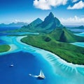 Aerial view of a lone sailboat drifting through with the lush mountain of Bora Bora in the distance