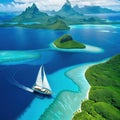 Aerial view of a lone sailboat drifting through with the lush mountain of Bora Bora in the distance