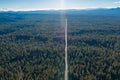 Aerial view of a lonely highway in the pine tree forests of California in United States Royalty Free Stock Photo