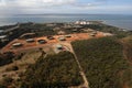 Aerial view of Long Island Point fractional Plant and crude storage tank farm with view to jetty