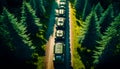An aerial view of long line of trucks driving through the forest. Generative AI Royalty Free Stock Photo