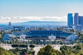 Aerial view of the Los Angeles downtown area with Dodger Stadium